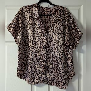 Satin Cheetah Animal Print Blouse Button Up Silky Top